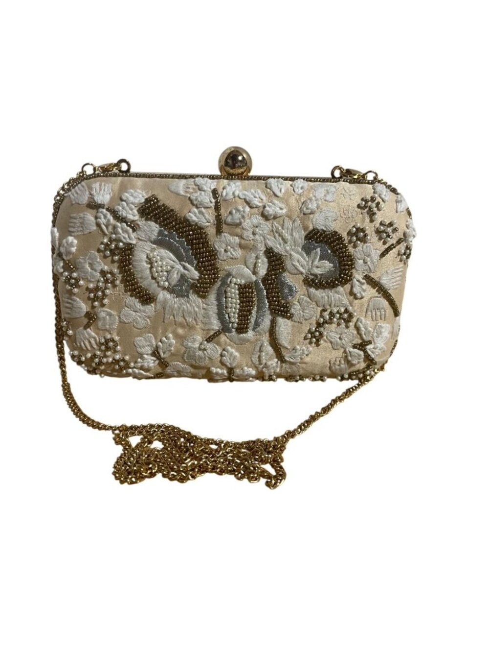 Jewel Badgley Mischka Embroidered Ivory Beaded Floral Clutch With Long Chain